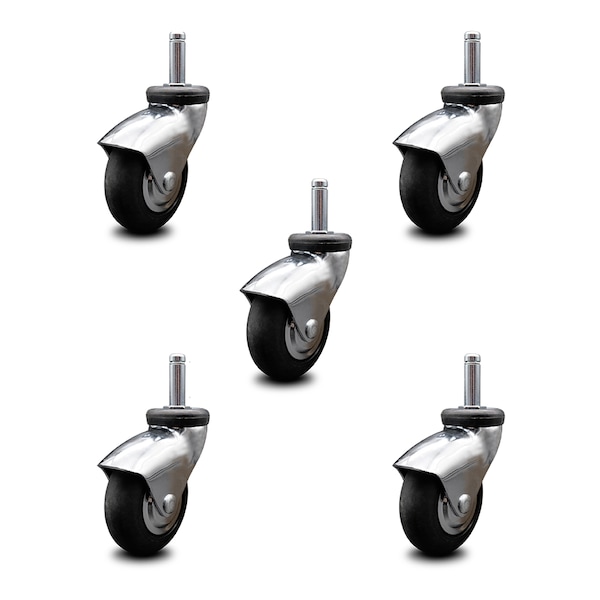 3 Inch Chrome Hooded Neoprene Rubber 3/8 Inch Grip Ring Stem Casters SCC, 5PK